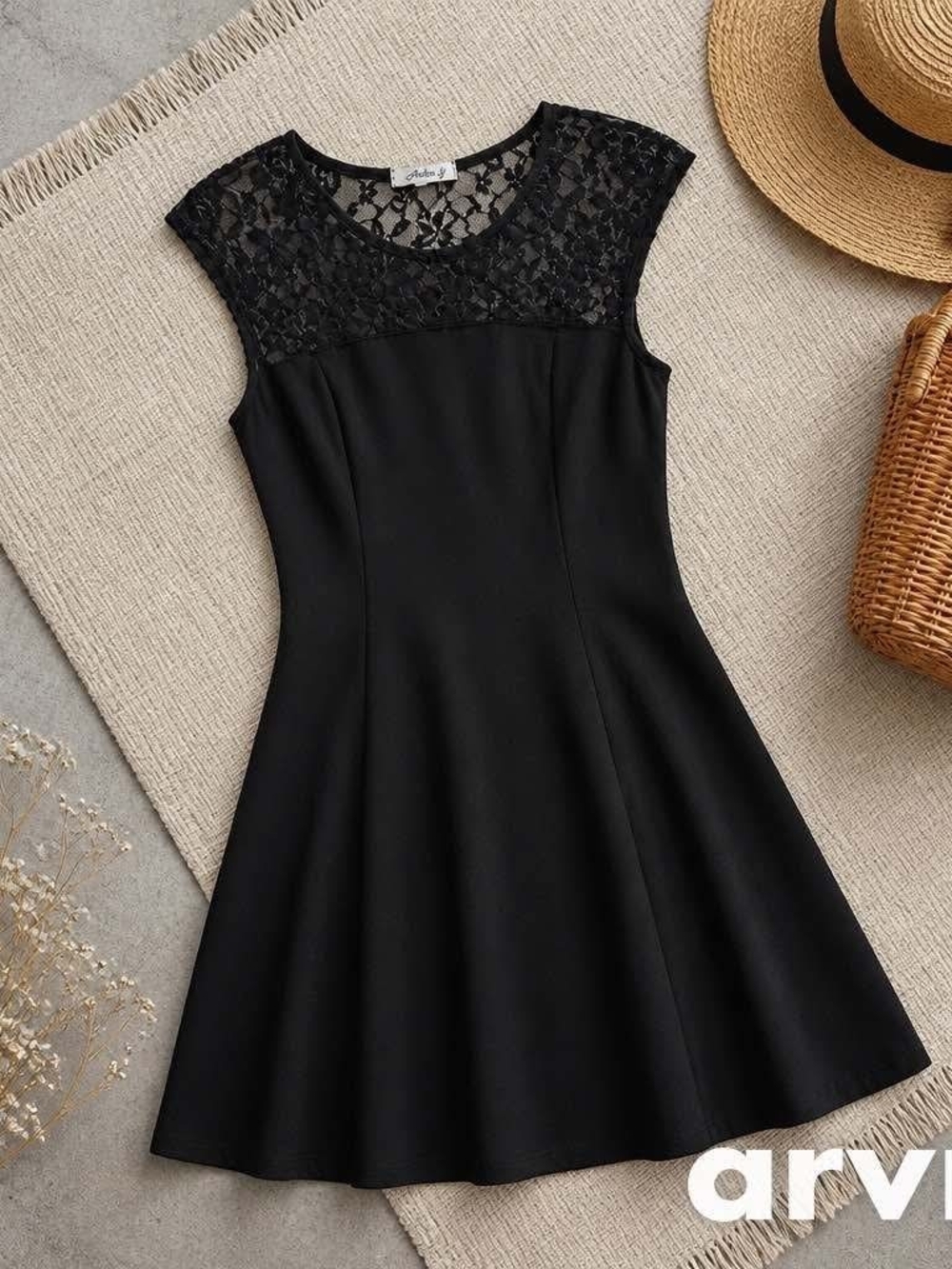 Aidan by Aidan Mattox Black Lace Yoke Fit and Flare Skater Dress - Small LBD